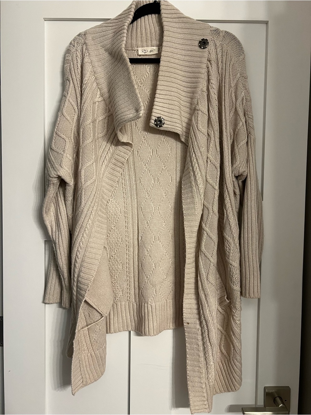 RD Style Cream Cable Knit Draped Cardigan with Shawl Collar